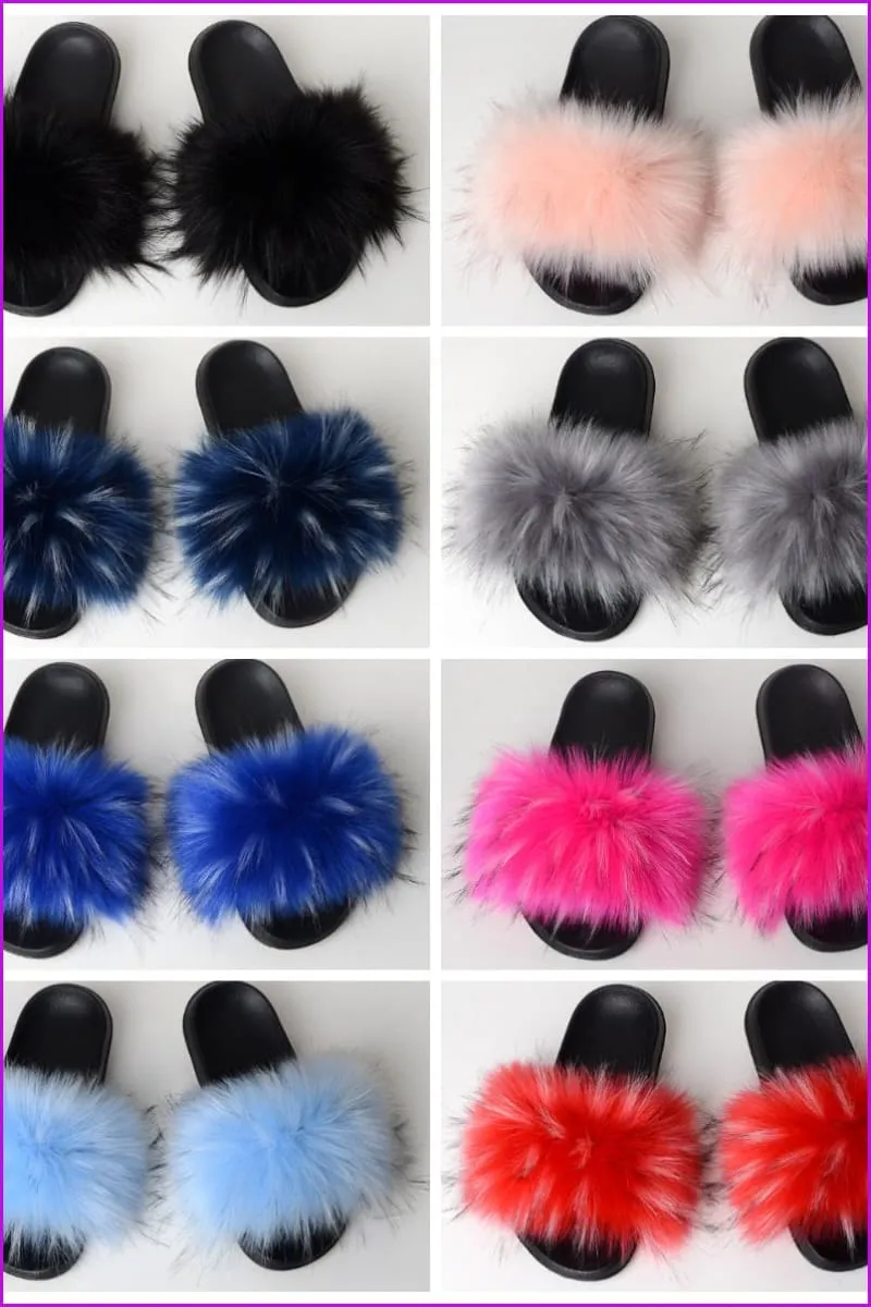 {5-7 days wait for make} New Color Faux Raccoon Fur Slides F602