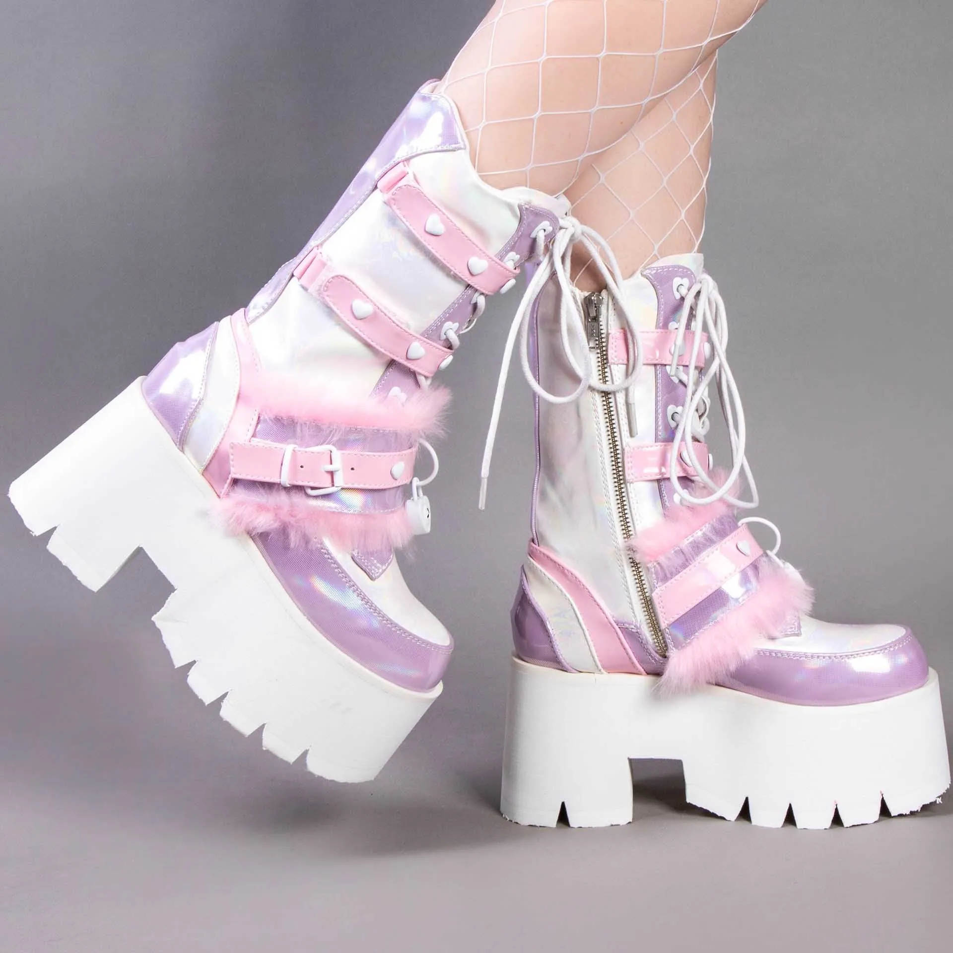 ASHES-120 Baby Pink & Lavender Holo Platform Boots (AU Stock)