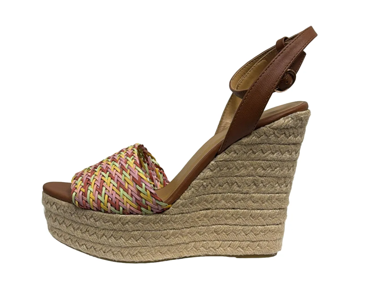 Bamboo Tan Multicolor Weave-Strap Espadrille Wedge