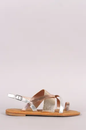 Bamboo Tri-Tone Metallic Strappy Toe Ring Slingback Flat Sandal