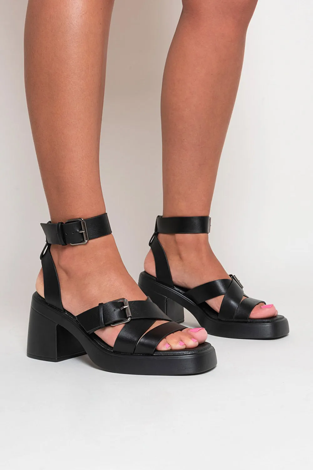 Black Block Heel Strap Chunky Platform Sandals