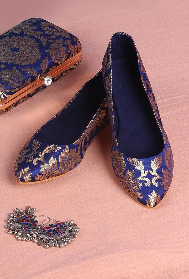 Blue Brocade Pointed Toe Ballerina Flats