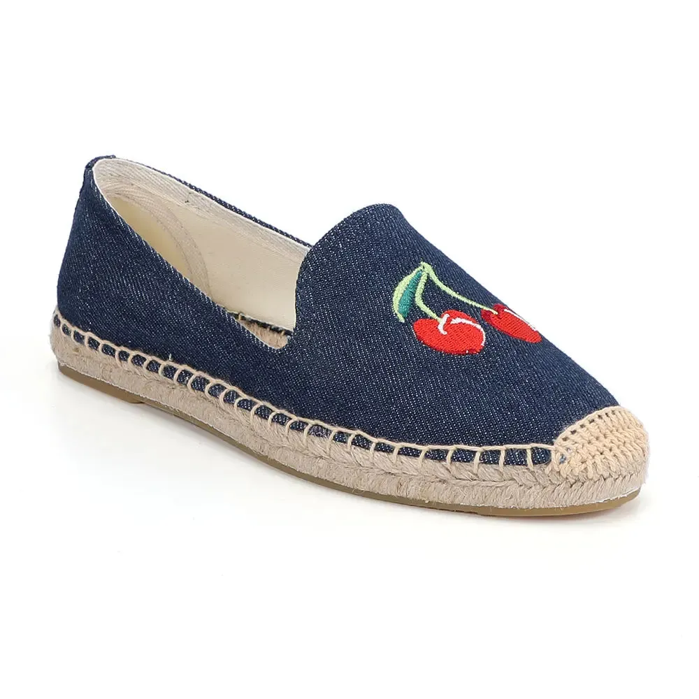 Cherry Embroidery Denim Espadrille Loafers