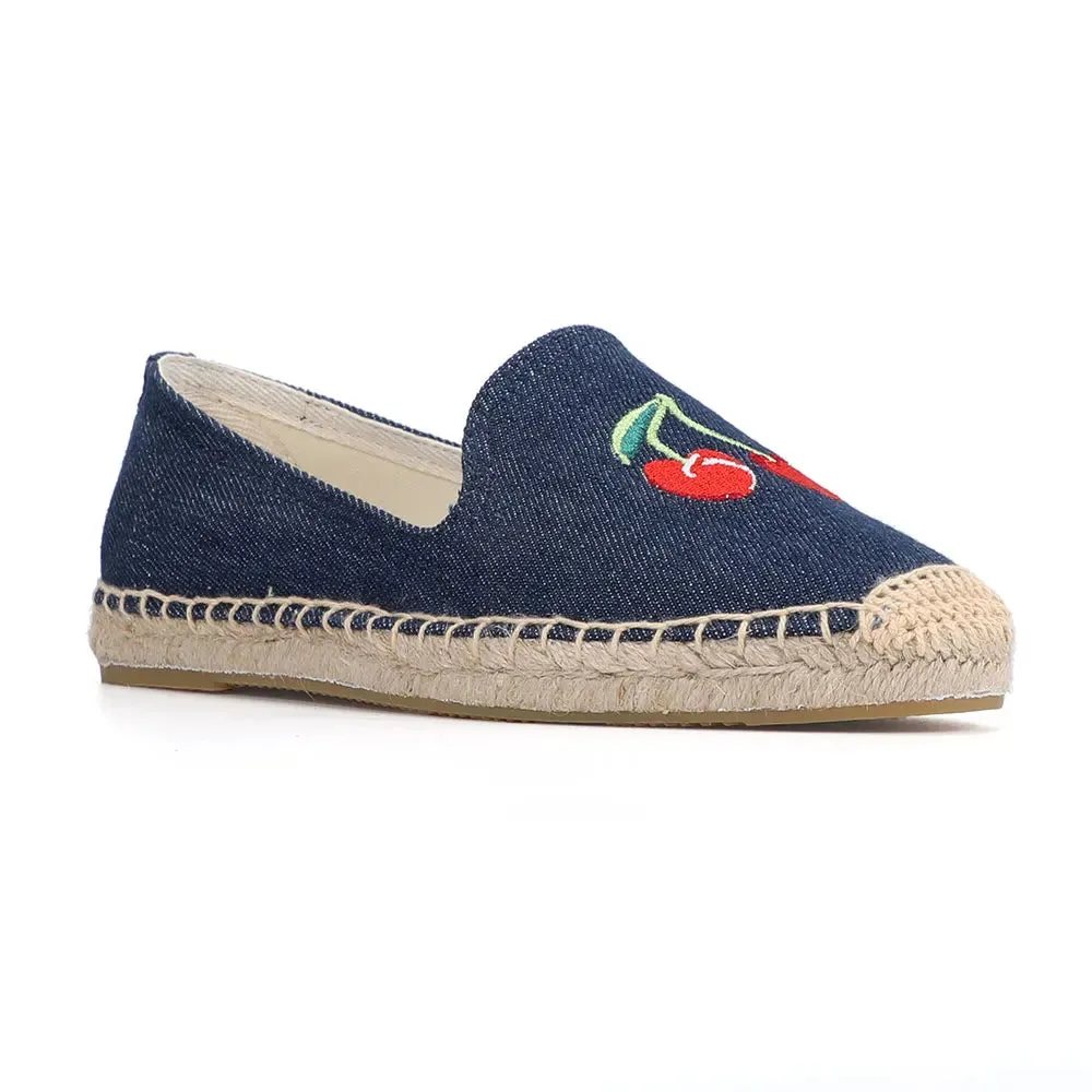 Cherry Embroidery Denim Espadrille Loafers