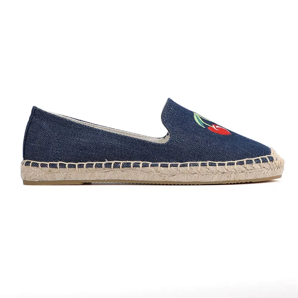 Cherry Embroidery Denim Espadrille Loafers