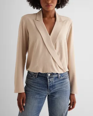 Collared V-Neck Long Sleeve Faux Wrap Front Top in Neutral