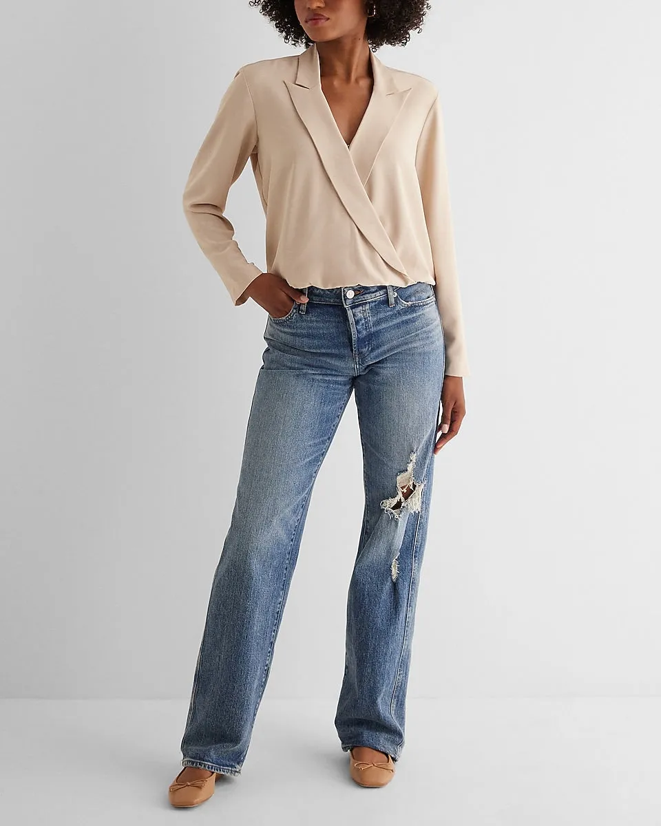 Collared V-Neck Long Sleeve Faux Wrap Front Top in Neutral