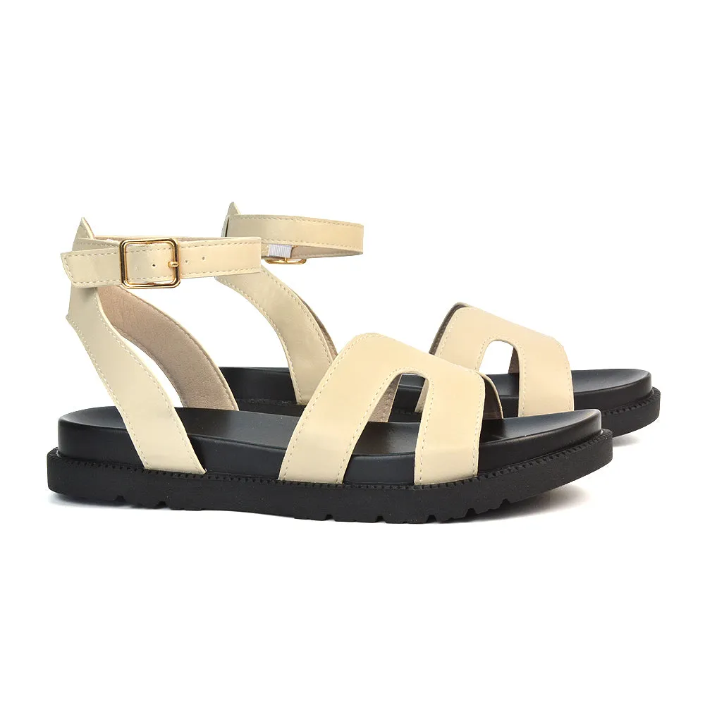 Eboni Ankle Strap Flatform Cut Out Flat Festival Sandals in Nude Synthetic Leather