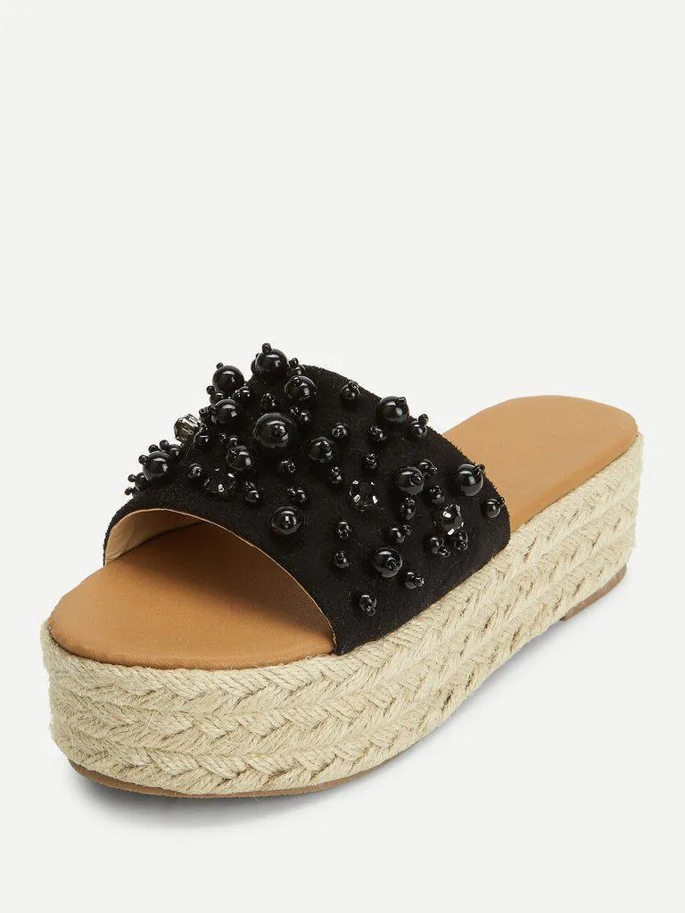 Faux Pearl Espadrille Platform Wedges