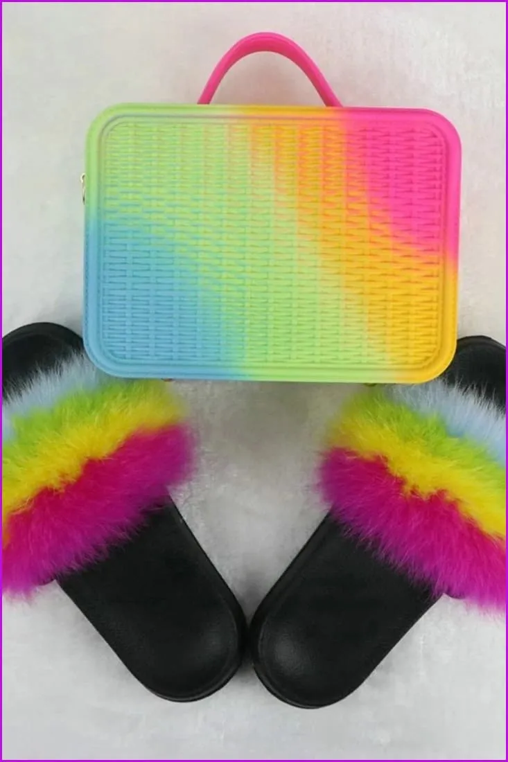 Fur Slides with Matching Jelly Purses Bag Rainbow Fluffy Slides F738