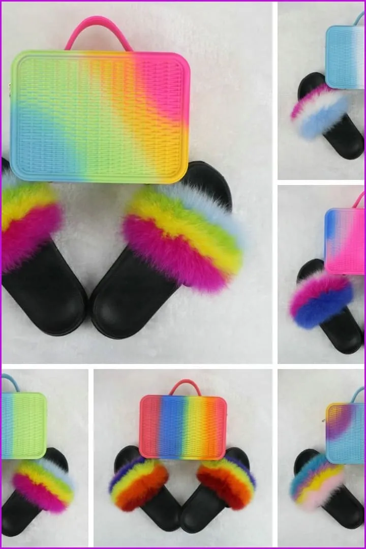 Fur Slides with Matching Jelly Purses Bag Rainbow Fluffy Slides F738