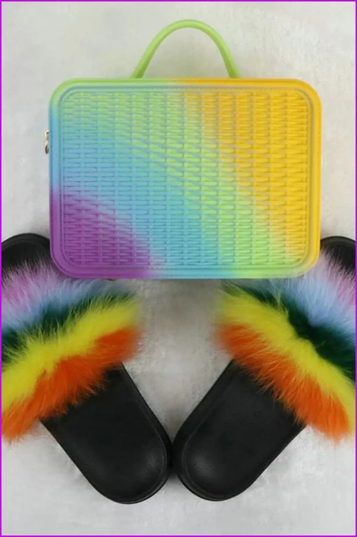 Fur Slides with Matching Jelly Purses Bag Rainbow Fluffy Slides F738