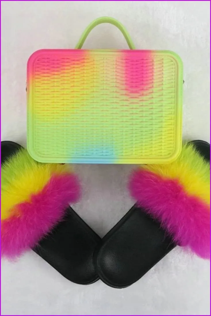 Fur Slides with Matching Jelly Purses Bag Rainbow Fluffy Slides F738