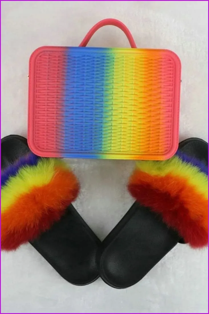 Fur Slides with Matching Jelly Purses Bag Rainbow Fluffy Slides F738