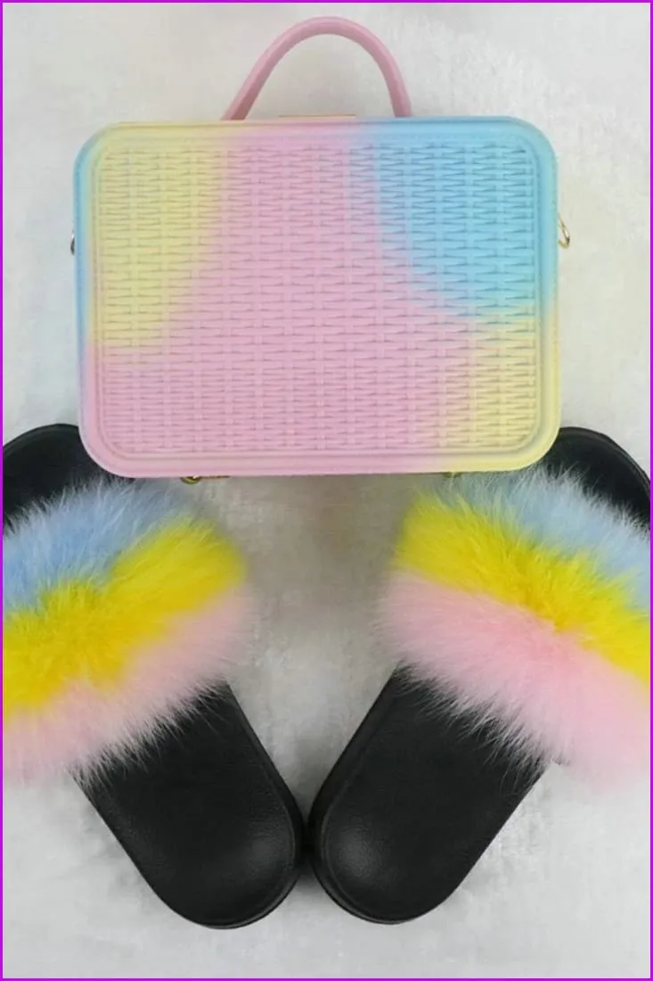 Fur Slides with Matching Jelly Purses Bag Rainbow Fluffy Slides F738