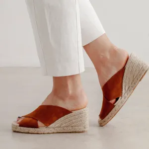 Genoa Cross Strap Vegan Suede Espadrille Wedge Sandals - Caramel