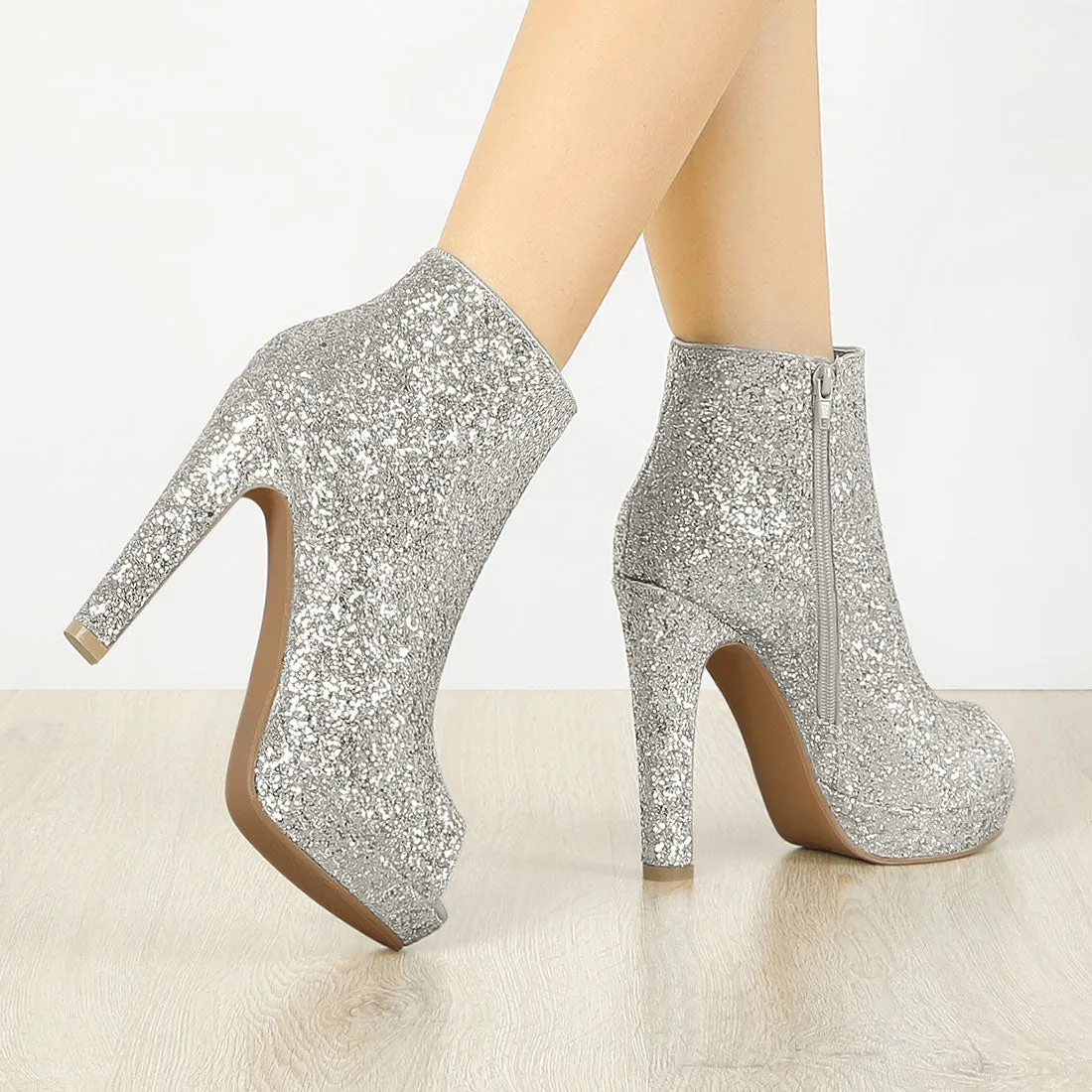 Glitter Platform Chunky Heel Open Toe Heel Ankle Boots