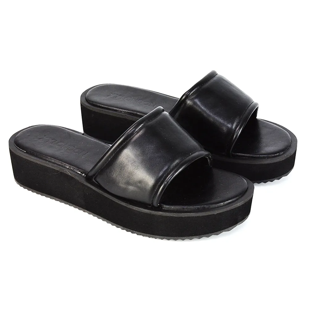 Julian Cleated Sole Slip on Flatform Sandal Slippers in Black Synthetic Leather