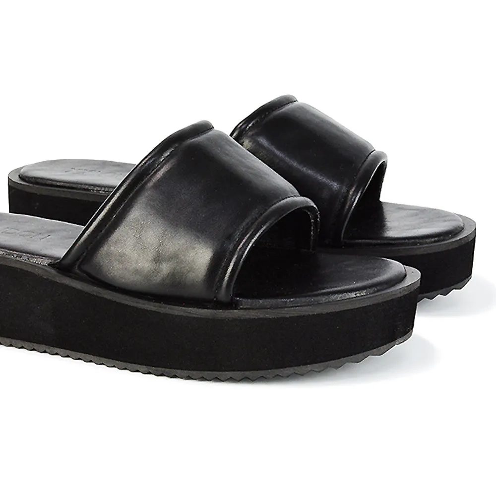 Julian Cleated Sole Slip on Flatform Sandal Slippers in Black Synthetic Leather