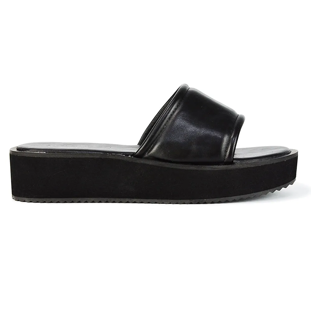 Julian Cleated Sole Slip on Flatform Sandal Slippers in Black Synthetic Leather