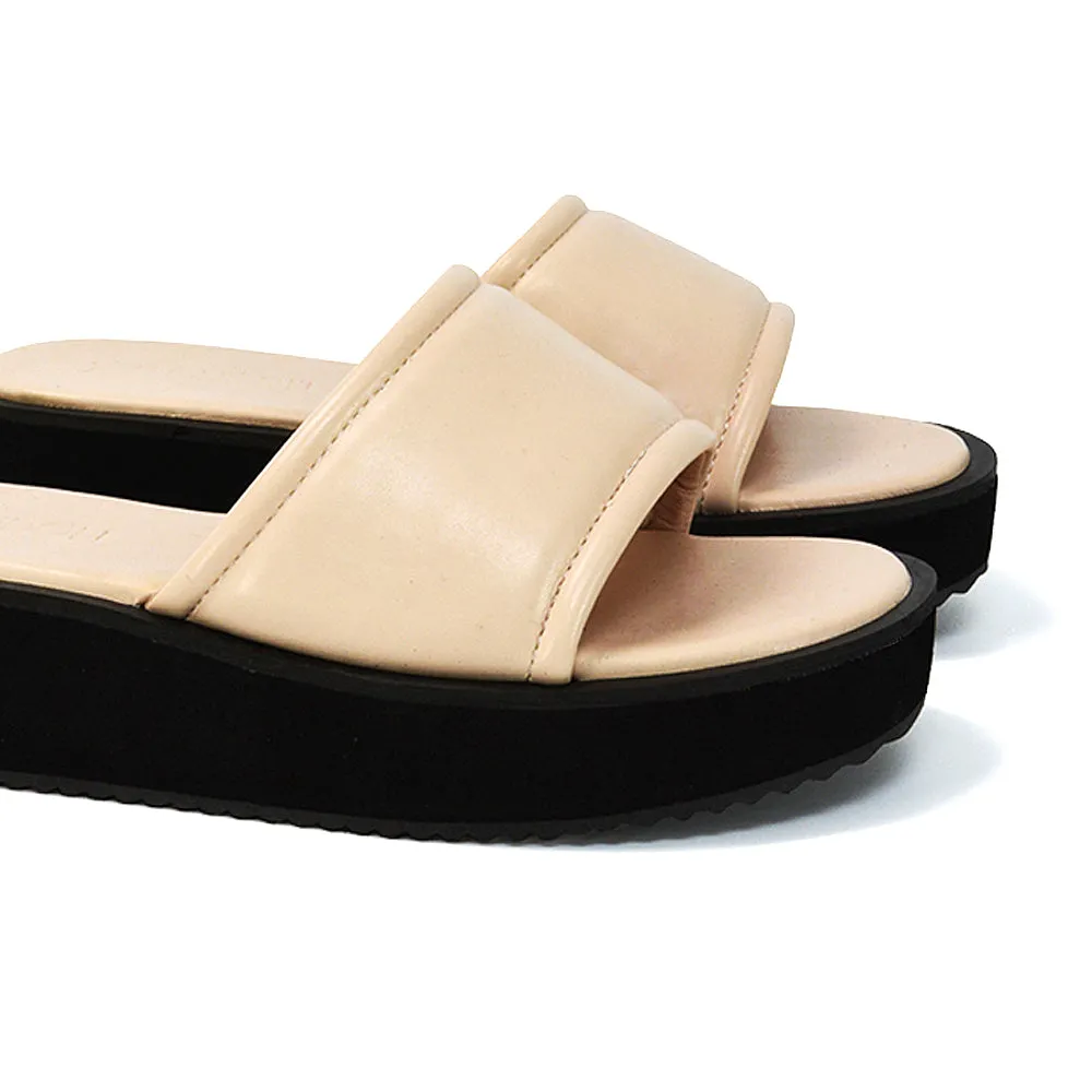 Julian Cleated Sole Slip on Flatform Sandal Slippers in Black Synthetic Leather