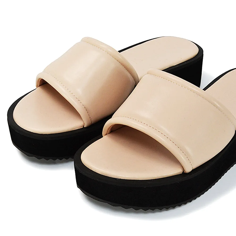 Julian Cleated Sole Slip on Flatform Sandal Slippers in Black Synthetic Leather