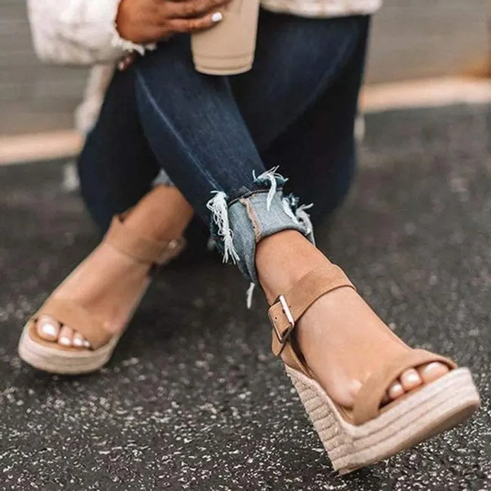 Khaki Wedge Ankle Strap Open Toe Platform Sandals