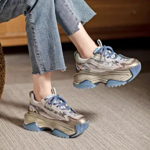 Leather Chunky Sneakers for Women Low-top Lace Up Contrast Color in Blue/Green