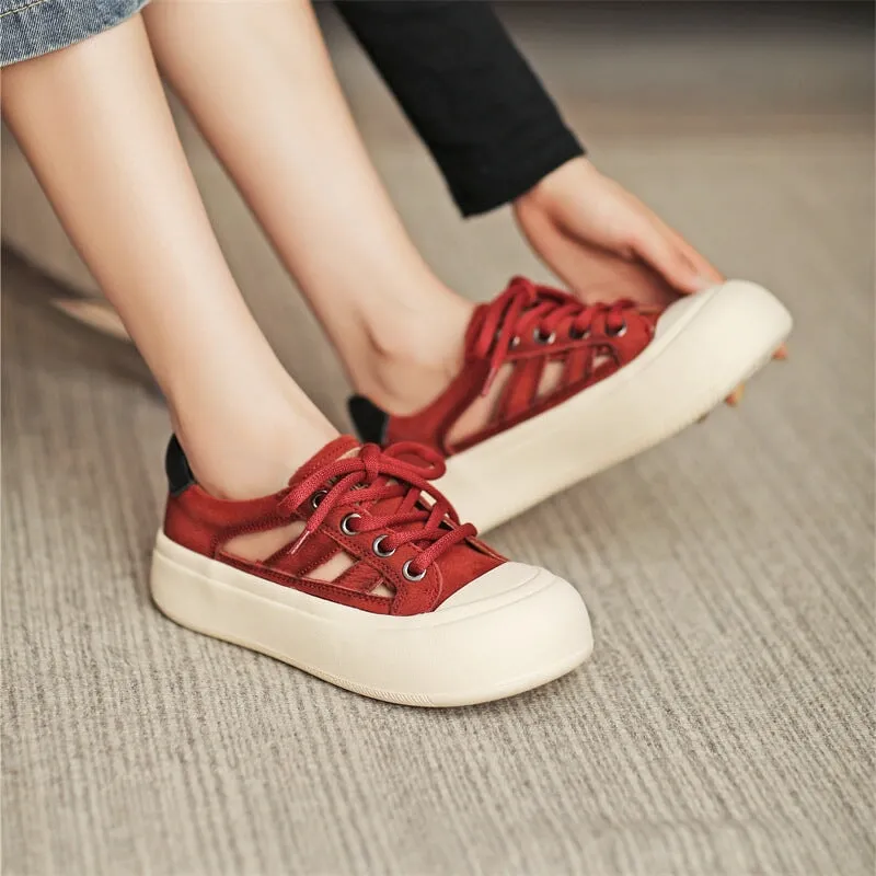 Leather Perforated Platform Sneakers for Women Low-top Lace Up in Yellow/Red