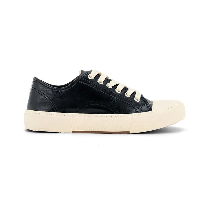 Leather Platform Sneakers for Women Low-top Rubber Toe in Black/Brown