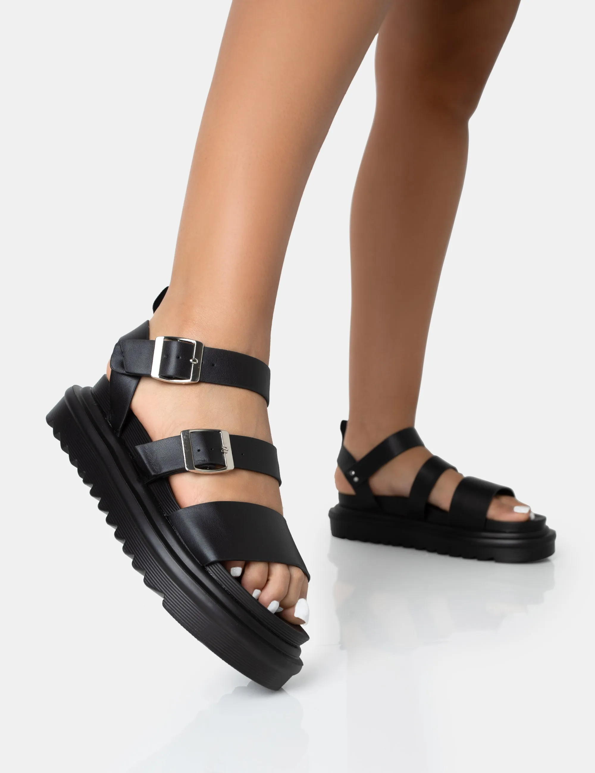 Macy Black Pu Chunky Buckle Strap Sandals