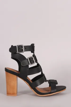 Qupid Buckled Strappy Faux Wooden Gladiator Heel