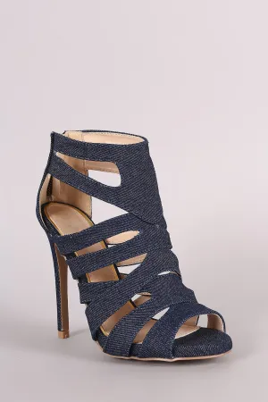 Qupid Denim Strappy Caged Stiletto Heel