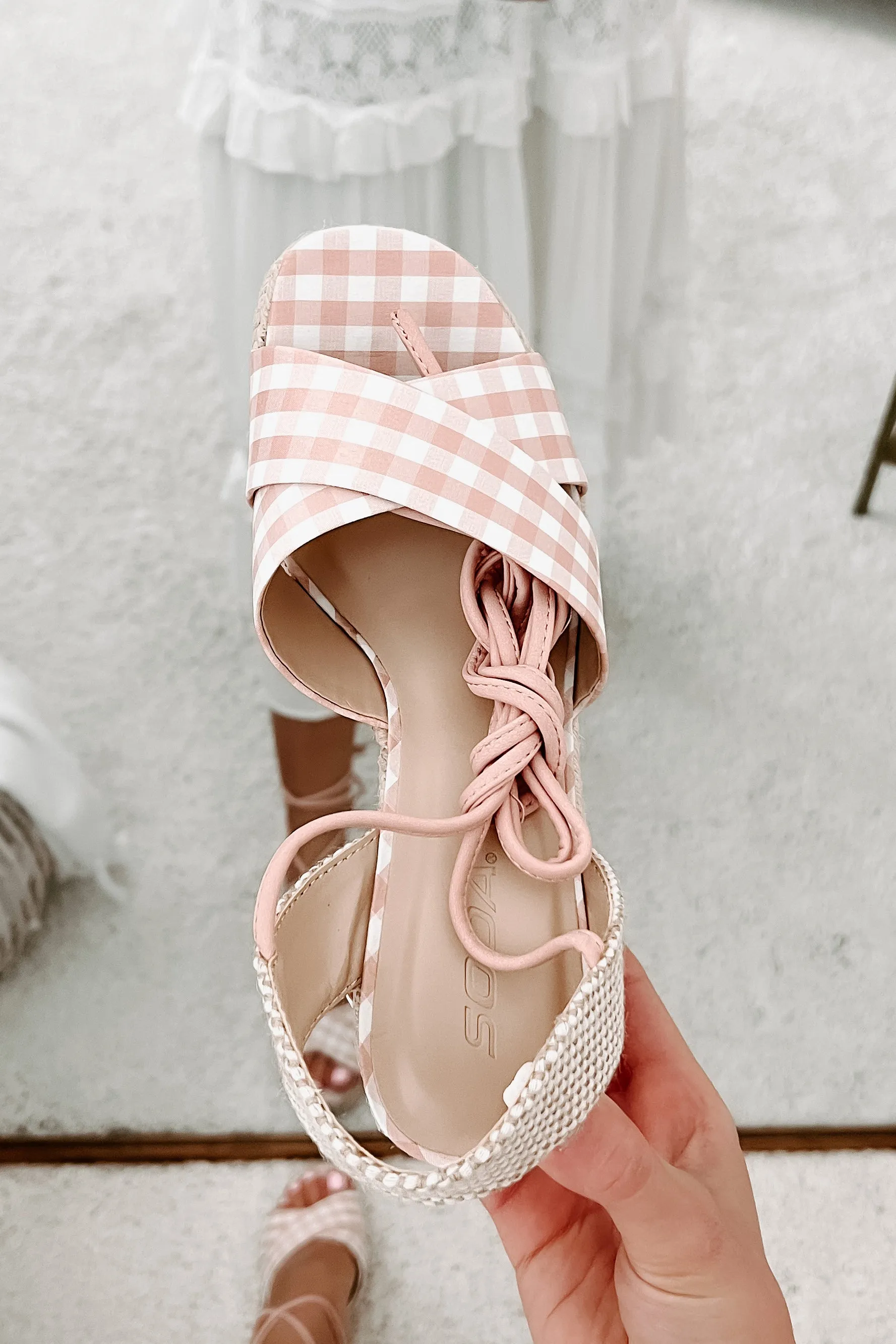 So Sweet Gingham Ankle Tie Wedge (Peach/White)