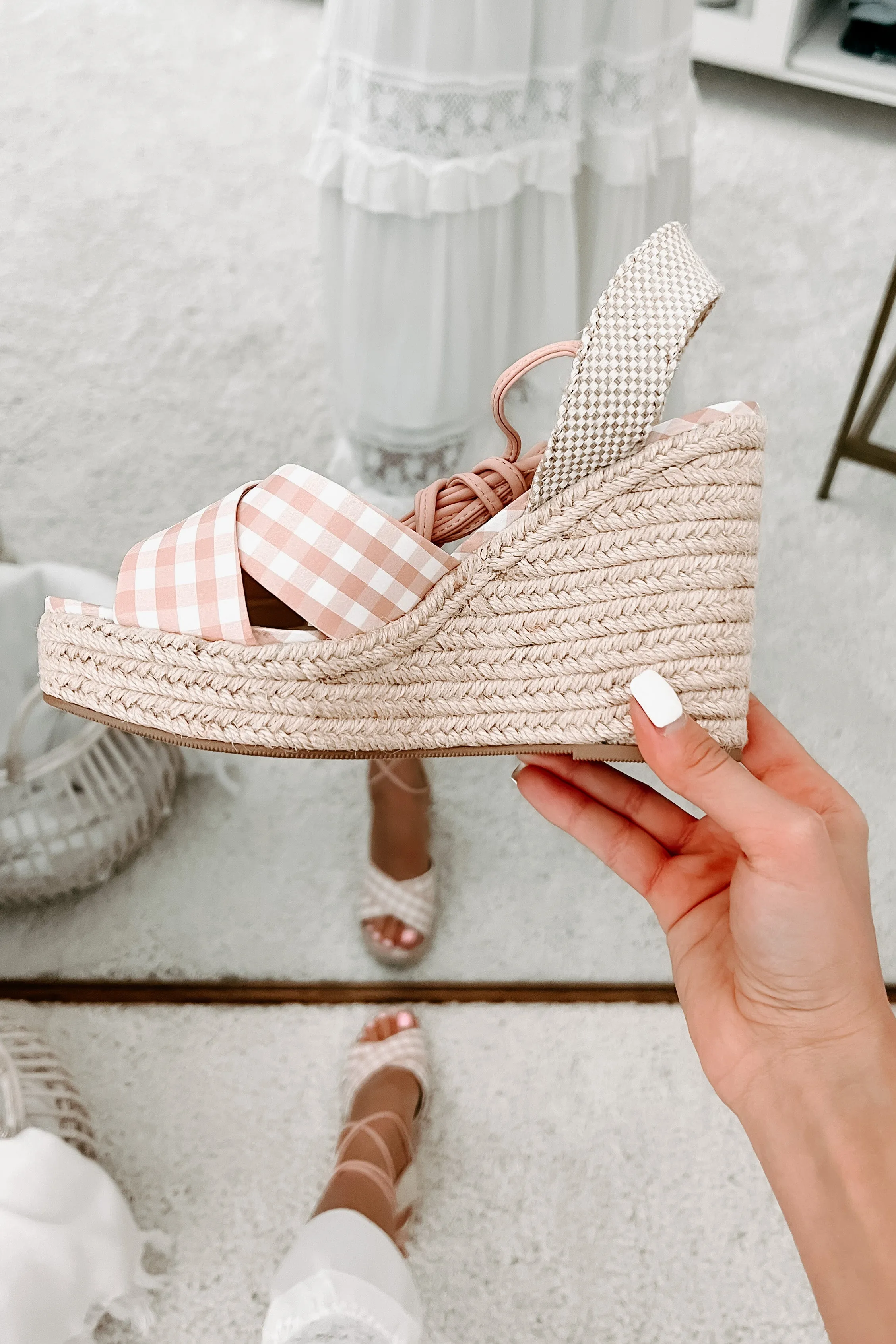 So Sweet Gingham Ankle Tie Wedge (Peach/White)