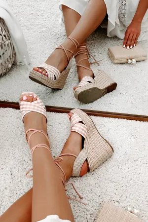 So Sweet Gingham Ankle Tie Wedge (Peach/White)