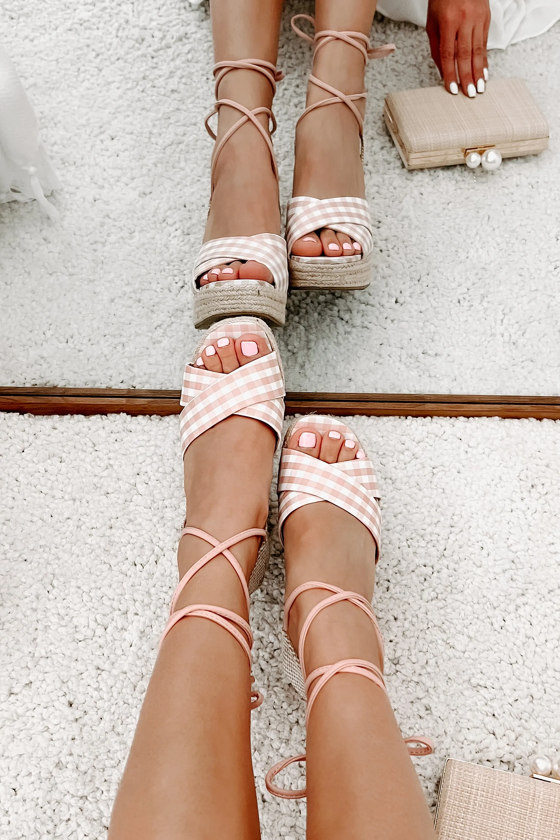 So Sweet Gingham Ankle Tie Wedge (Peach/White)