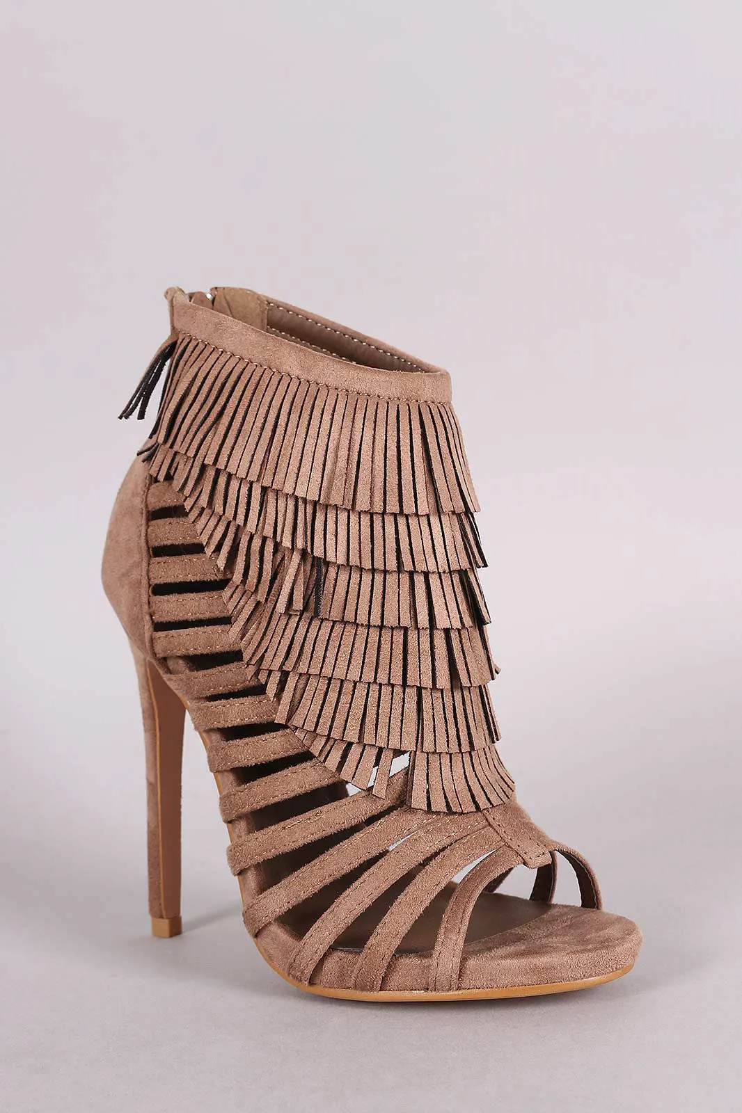 Suede Fringe Strappy Caged Stiletto Heel