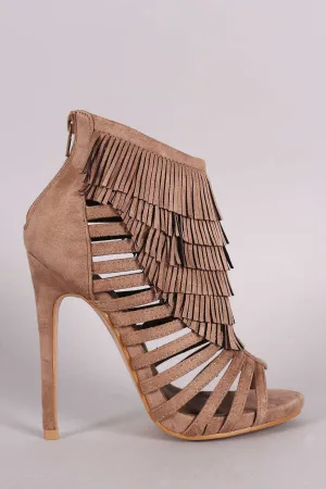 Suede Fringe Strappy Caged Stiletto Heel