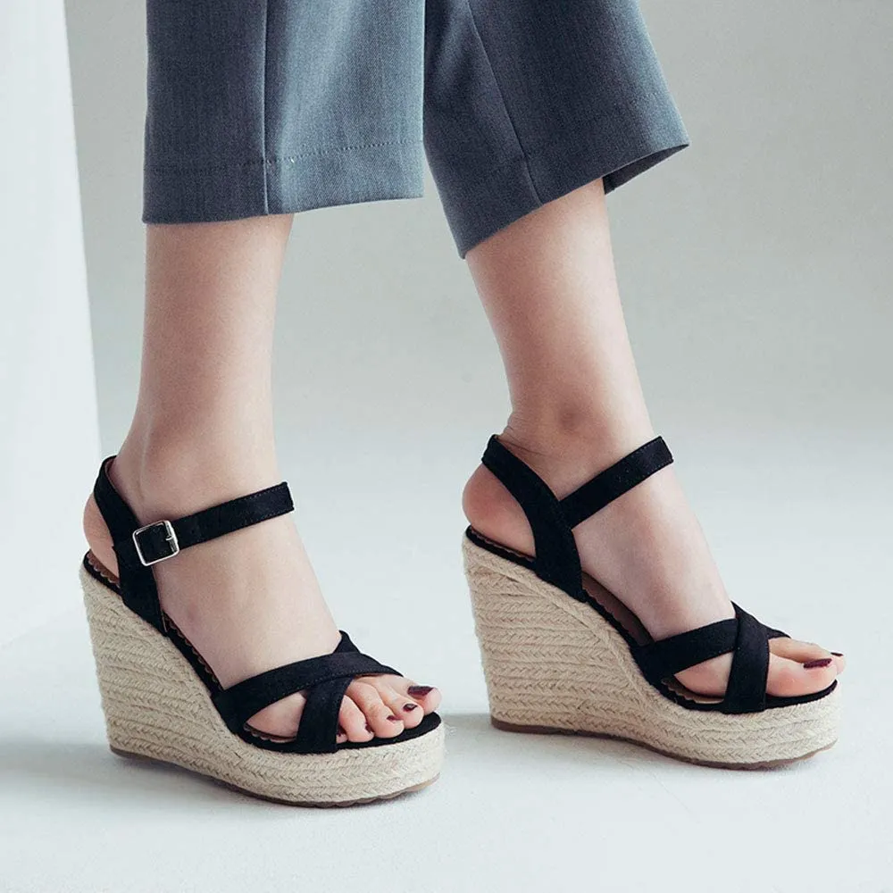 Wedge Ankle Strap Black Open Toe Platform Sandals