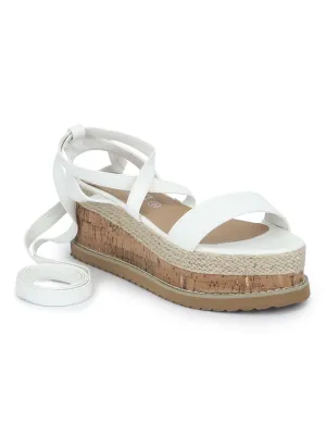 White PU Crossover Wraparound Jute Platform Wedges