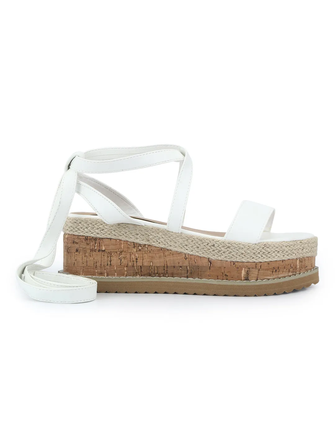 White PU Crossover Wraparound Jute Platform Wedges