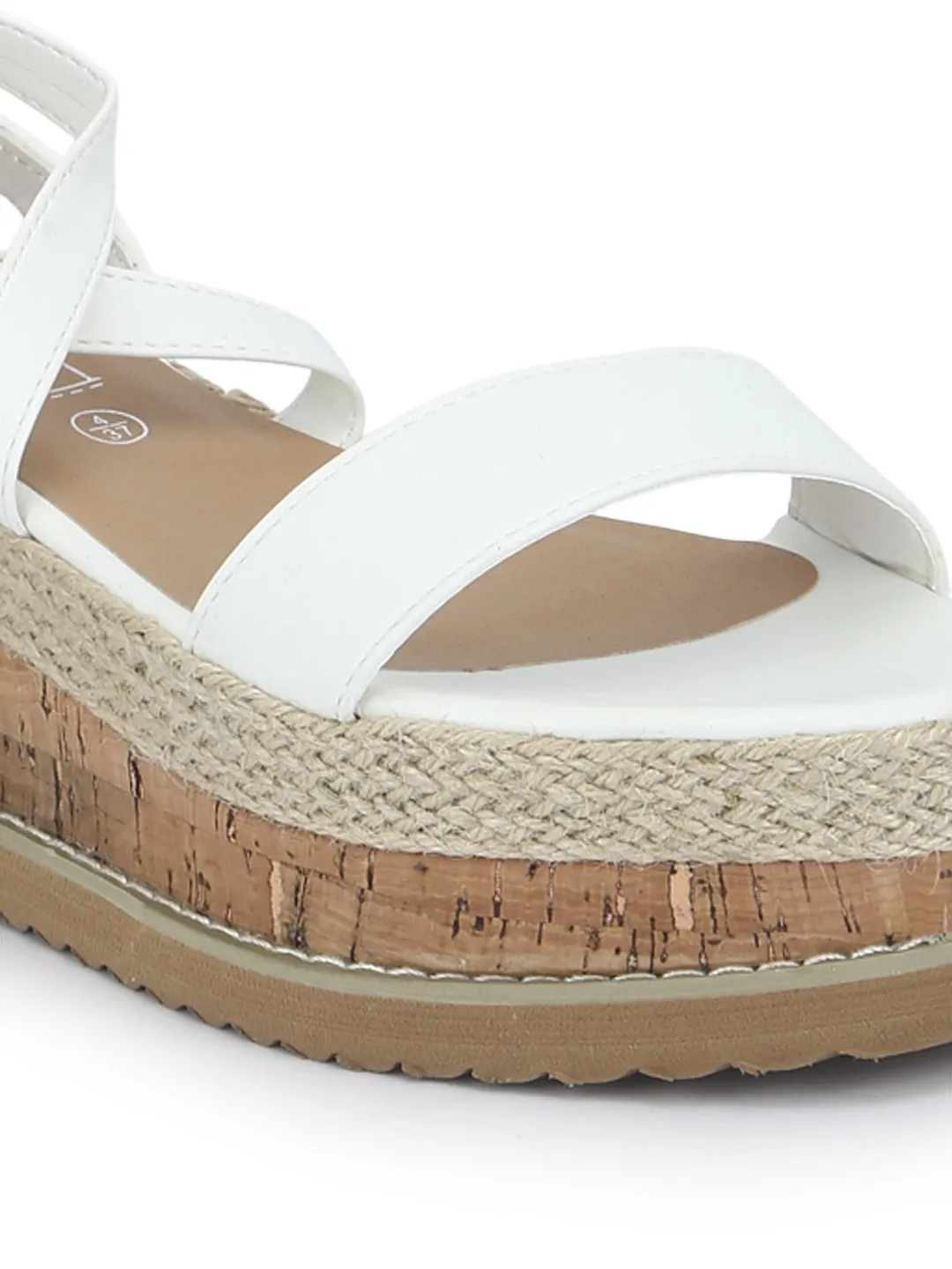 White PU Crossover Wraparound Jute Platform Wedges