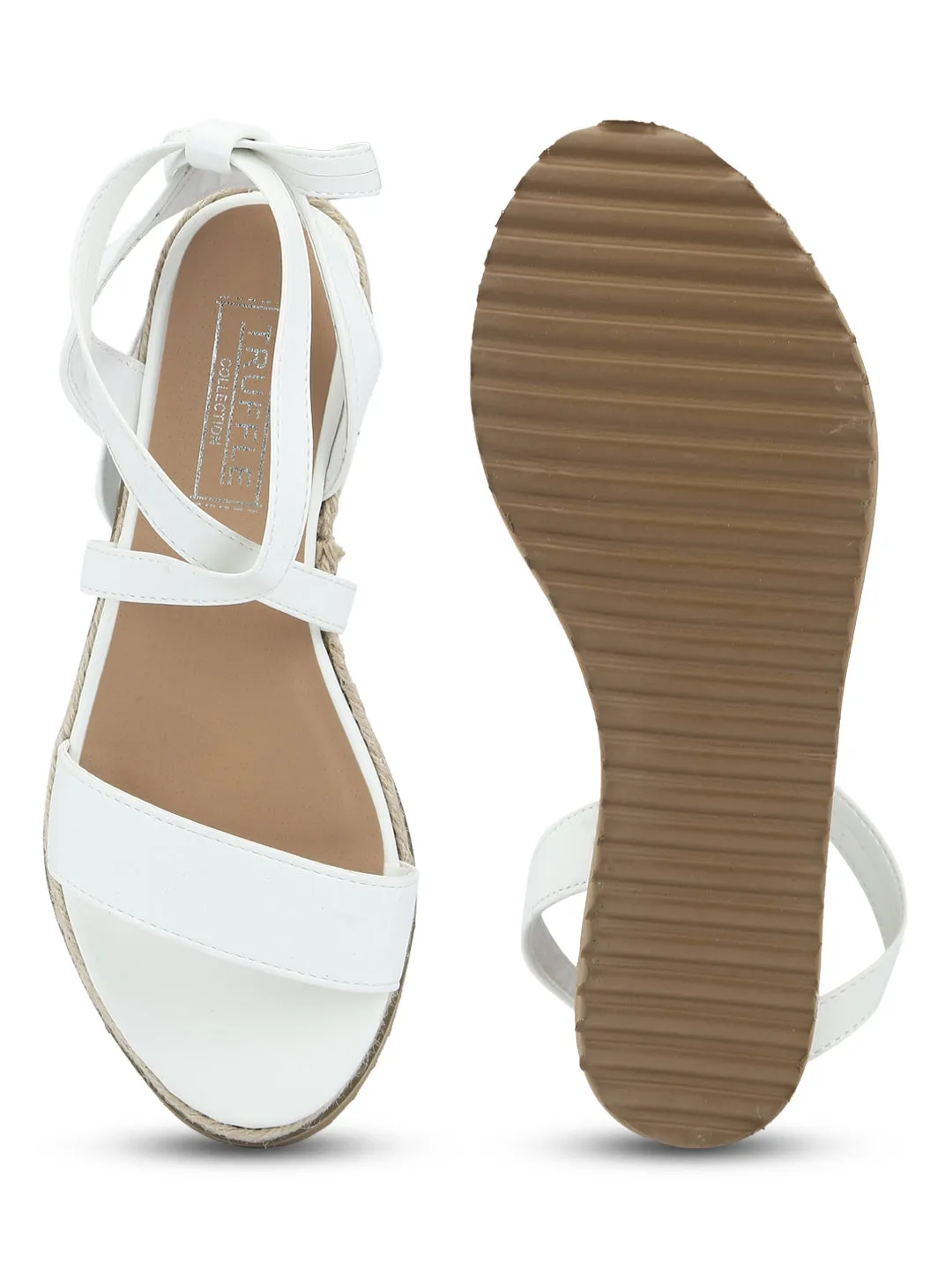 White PU Crossover Wraparound Jute Platform Wedges