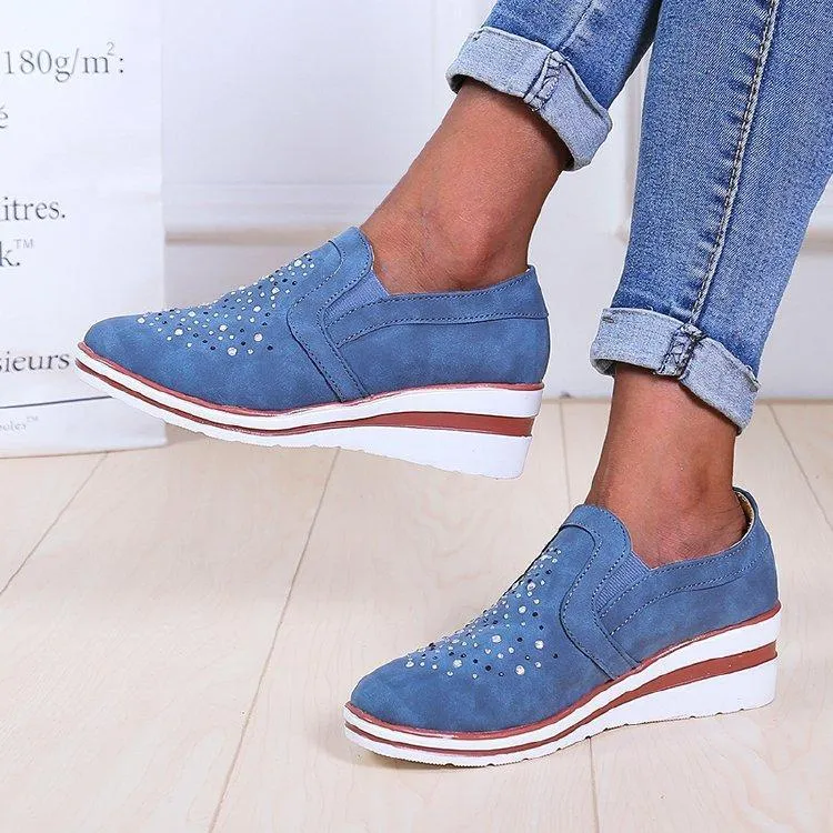 Women rhinestone breathalbe slip on wedge sneakers