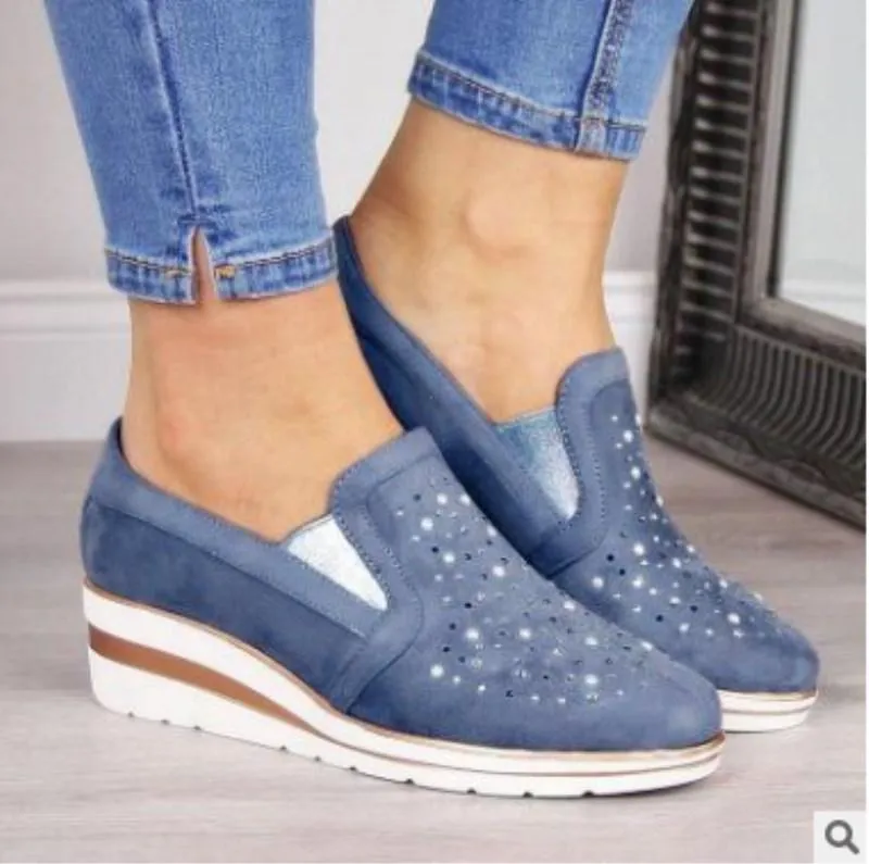 Women rhinestone breathalbe slip on wedge sneakers