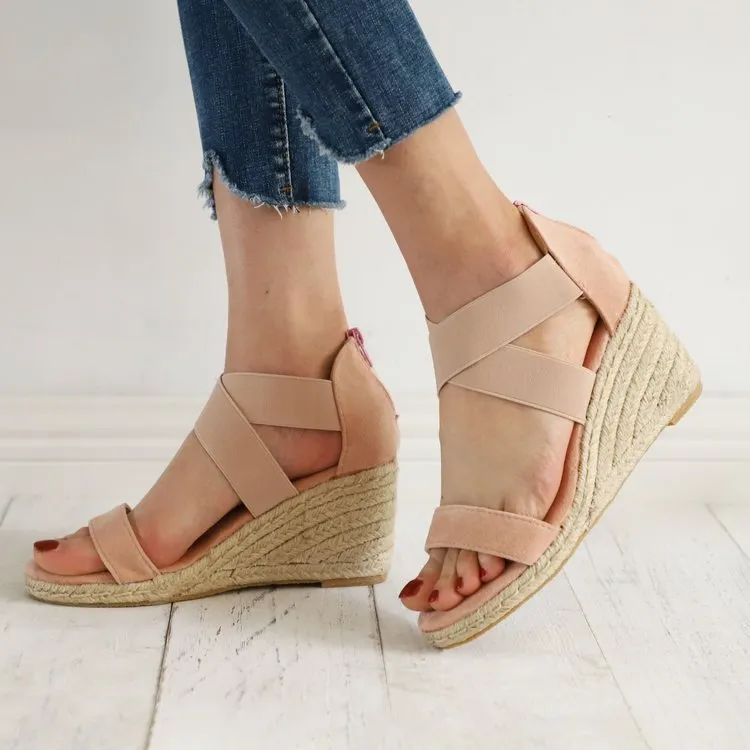 Women's peep toe criss cross ankle wrap espadrille wedge sandals