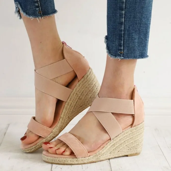 Women's peep toe criss cross ankle wrap espadrille wedge sandals