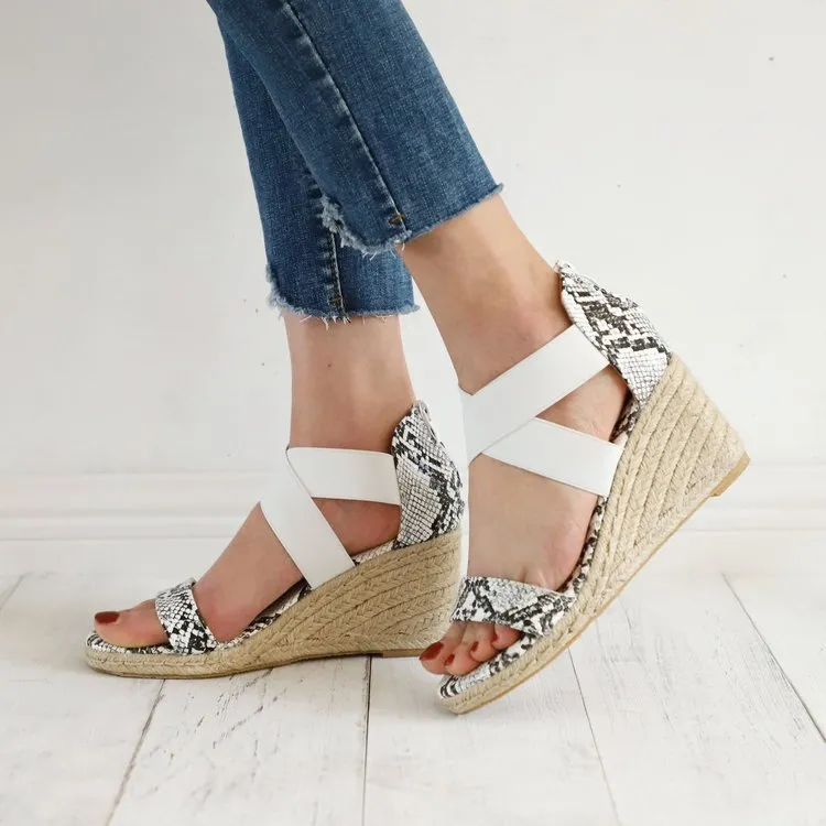 Women's peep toe criss cross ankle wrap espadrille wedge sandals