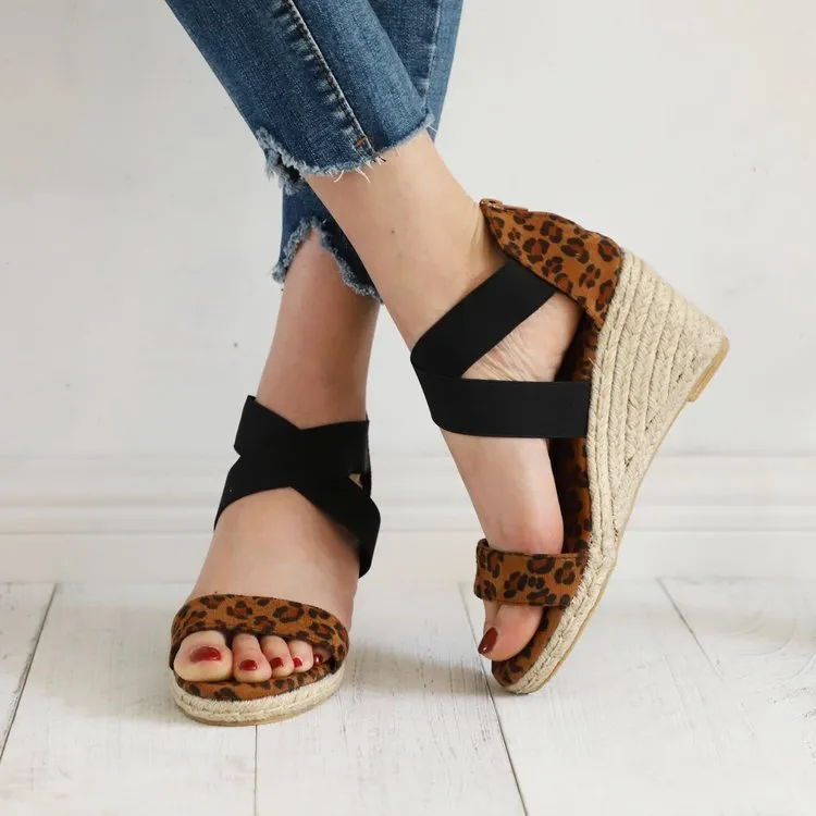 Women's peep toe criss cross ankle wrap espadrille wedge sandals